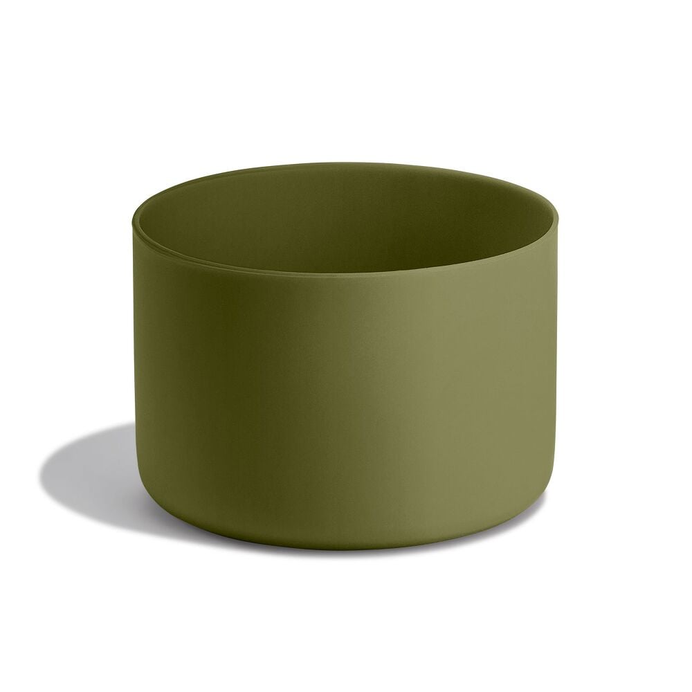 Small cylindrical Hydro Flask container in muted olive green with smooth matte surfaces, slightly rounded base, and open top. Minimalist design.