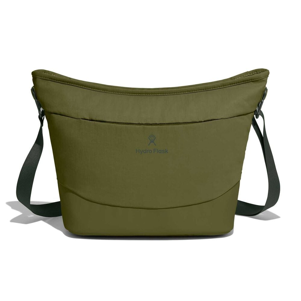 Olive green Hydro Flask soft-sided cooler bag with wide curved top, centered logo, dark green adjustable shoulder strap, and lightly padded reinforced bottom panel.